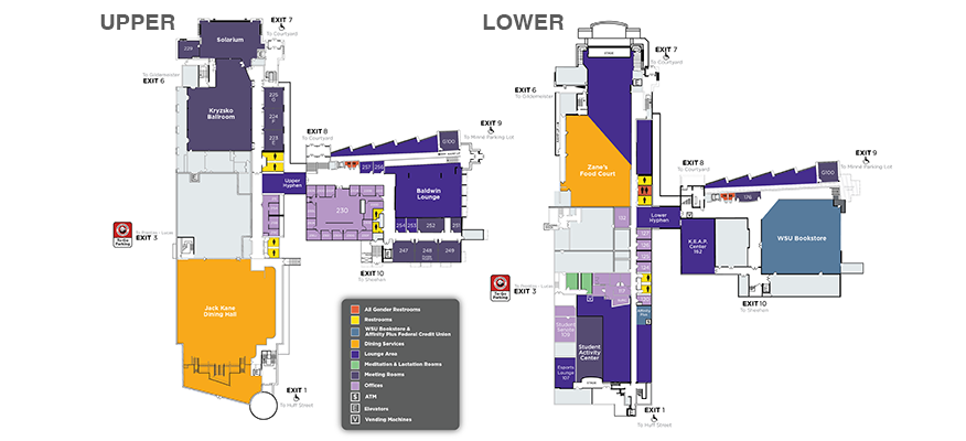 A map of the upper and lower floorplans of WSU Kryzsko Commons