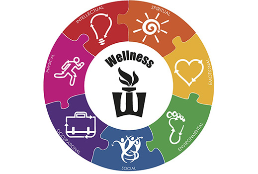 A color wheel showing the seven dimensions of wellness at WSU