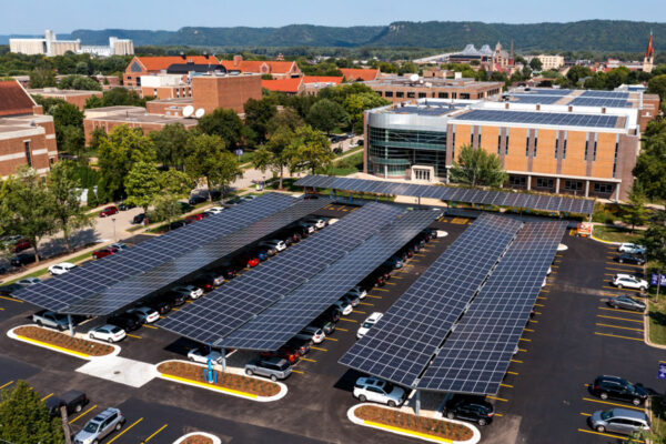 The Integrated Wellness Center parking lot has solar panels to help with WSU's sustainability goals.