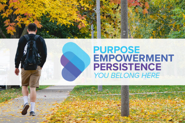 A graphic showing a student walking on campus with the text