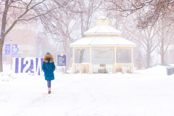 A student walks past the gazebo on the WSU campus during a snowstorm.