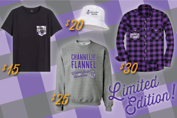 A graphic showing examples of shirts and a bucket hat with WSU Homecoming 2023 designs.