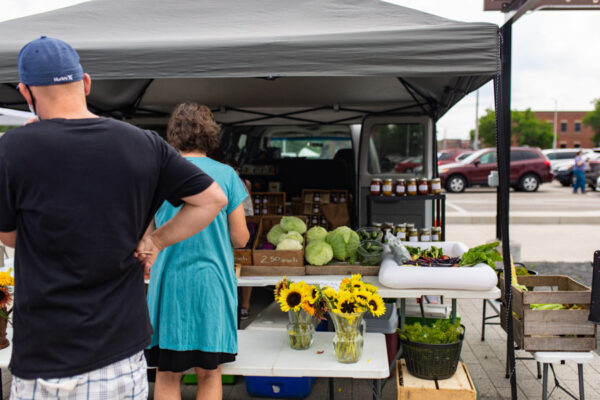 People shop at a vendor's stall at the Winona Farmer's Market.