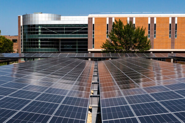 The car port solar panels installed in the IWC parking lot on the WSU campus in Winona.