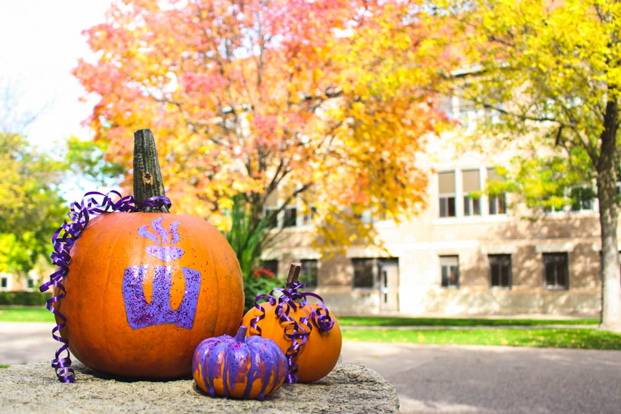 Decorated pumpkins outside on the Winona campus