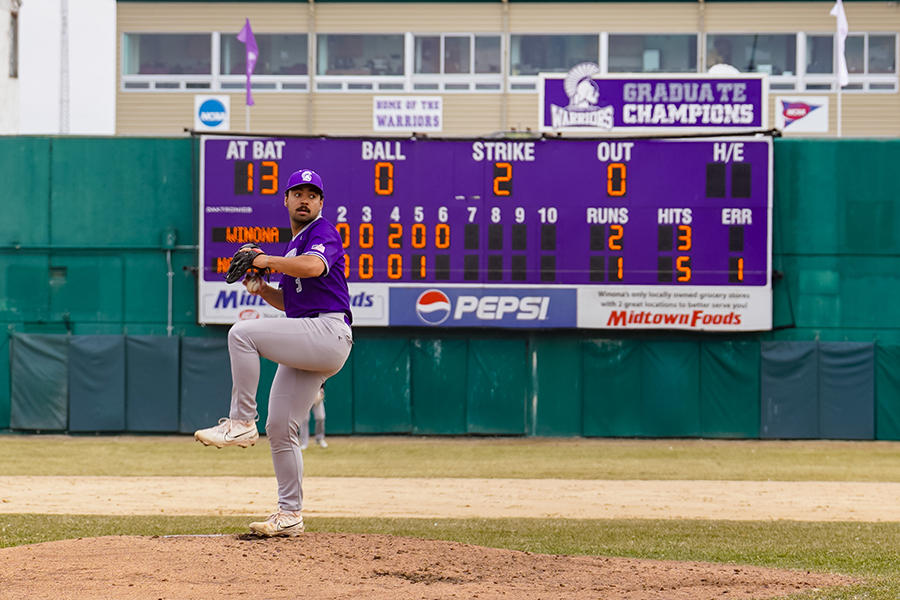WSU men's baseball athlete pitching on a field.