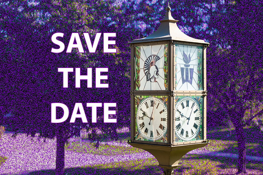 "Save the Date" next to campus clock tower.