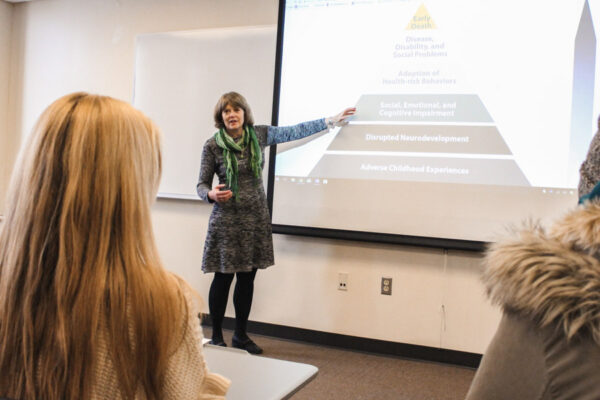 A WSU professor presents information to a class.
