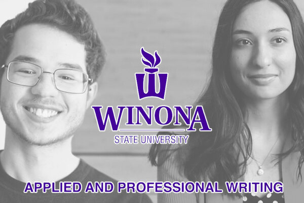 A collage graphic of two WSU students for a video about the Applied & Professional Writing Program.