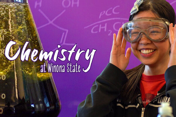 A graphic featuring a student wearing safety googles and science lab equipment with the text 