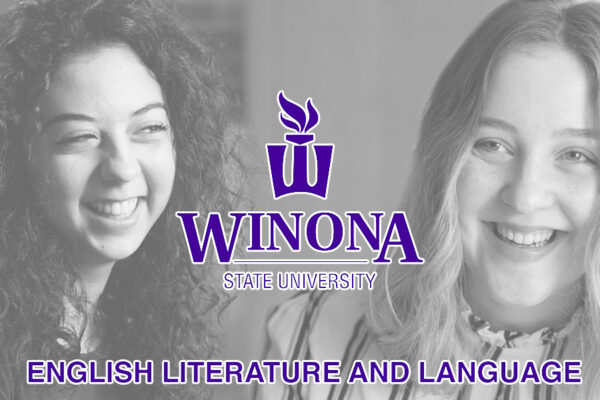 A collage graphic of two WSU students for a video about the English Literature & Language Program.