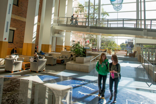 Students in the Science Laboratory Center between classes on the WSU campus.