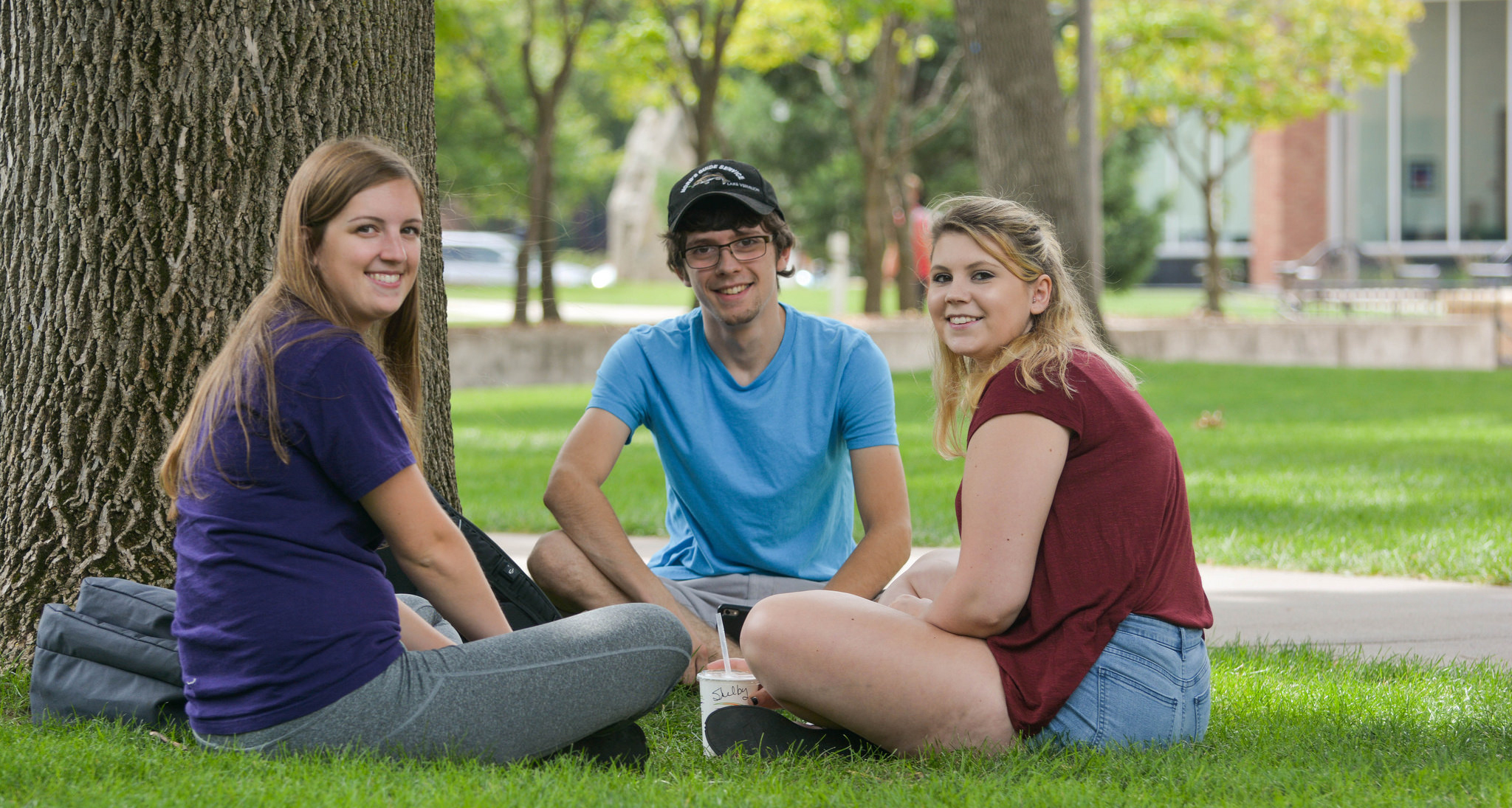 A male student and two female students sit under a tree outside on WSU campus.