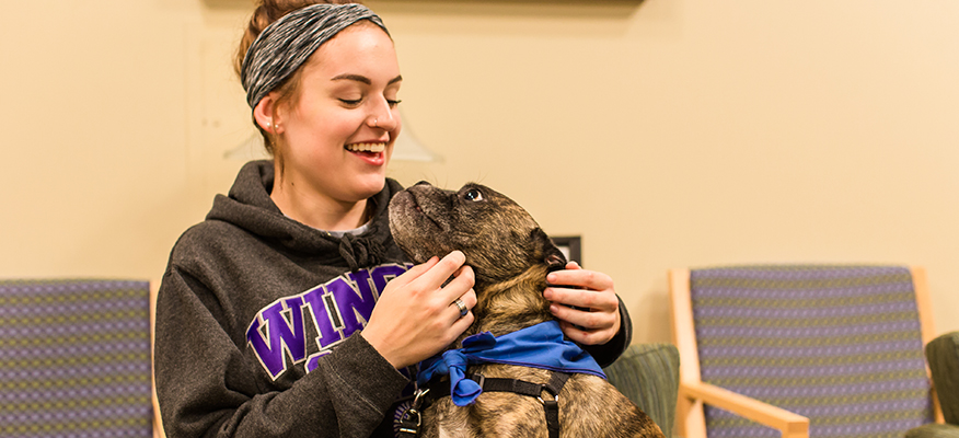 A female student pets a therapy dog.