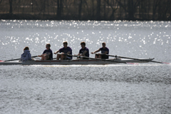 Rowers practicing on the lake.