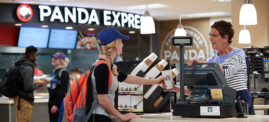 WSU students purchase food from Starbucks and Panda Express in Zanes Food Court.