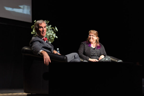 Bill Nye answers questions during a speaking event on WSU campus.