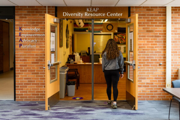 A student enters the KEAP Center in Kryzko Commons.