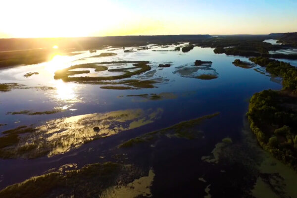An aerial view of the Mississippi backwaters at sunset.