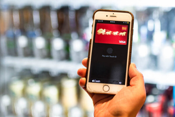 A person holds a smartphone displaying the loading screen for a credit card app.