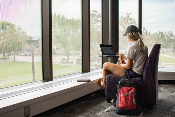 A female student studies in a quiet lounge in the WSU Education Village.