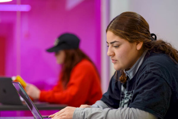 A female student uses a laptop in a WSU classroom.