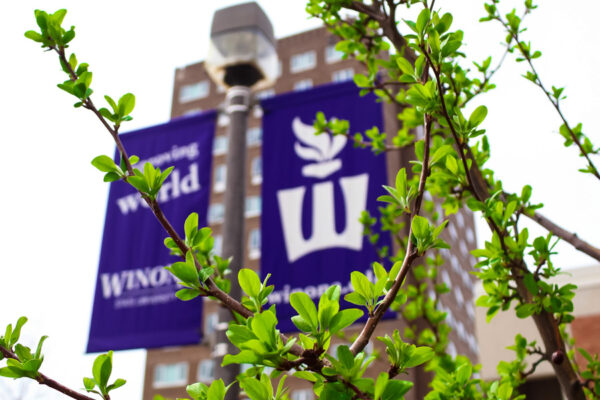 Purple banners hang from lightpoles across the WSU campus.