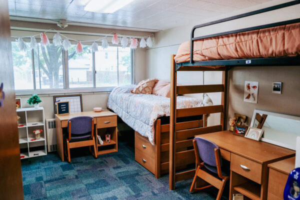 A room with a lofted bed in Richards Hall on WSU campus.