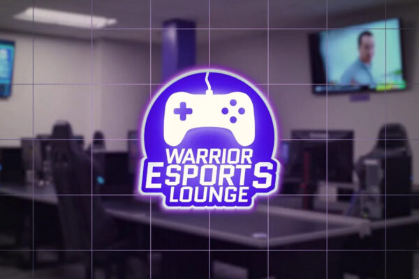 The Warrior Esports Lounge logo overlaid a picture of the gaming consoles and pcs.