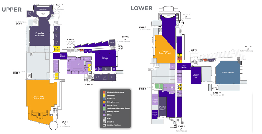 A map of the upper and lower floorplans of WSU Kryzsko Commons