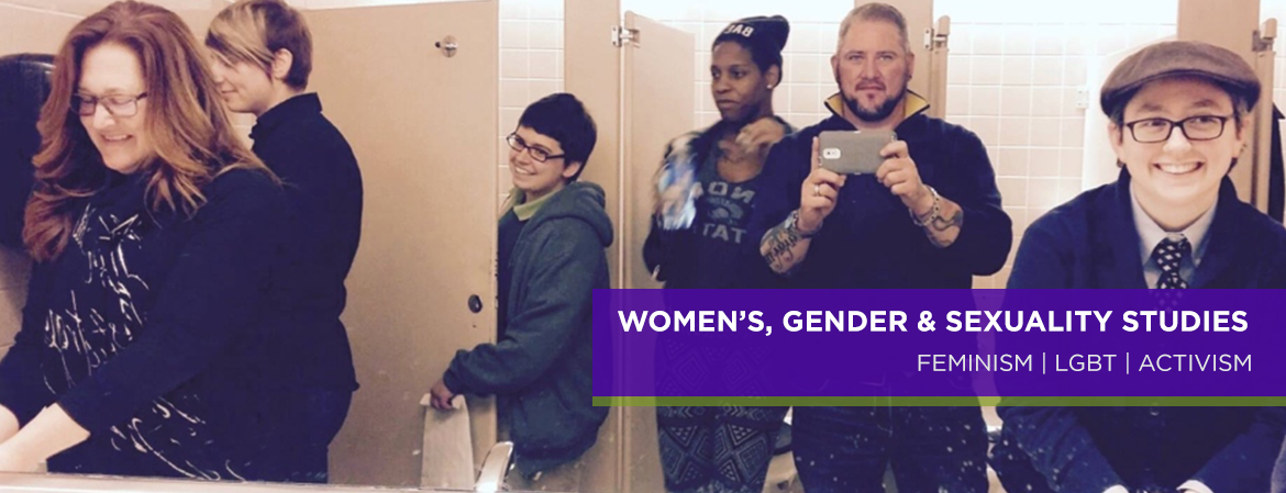 Women's, Gender & Sexuality Studies students and faculty members pose in the bathroom mirror.
