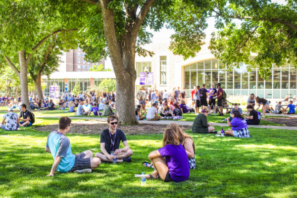 Students hang out in groups around the courtyard on a summer day.