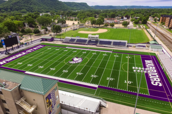 An aerial view of the stadium where Warriors Athletics football and soccer games are played.