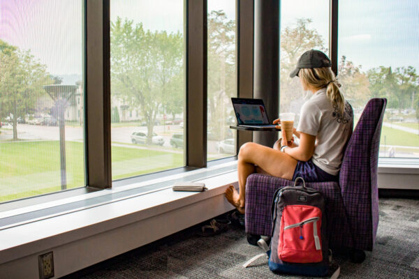 A student works on a laptop in front of large windows overlooking WSU Education Village.