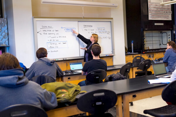 A professor explains concepts drawn on a whiteboard to students during class.