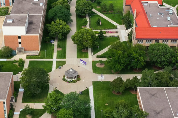 An aerial view of the courtyard in the middle of the WSU campus in Winona.