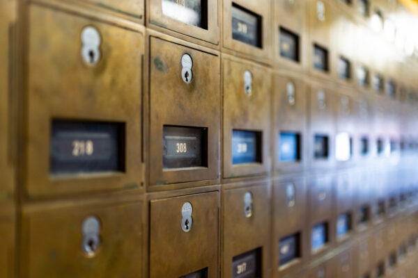 A wall of private mailboxes in Sheehan Hall.