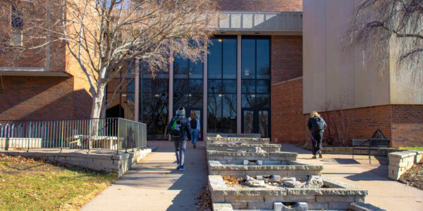 Students enter the Performing Art Center on the WSU campus in Winona.