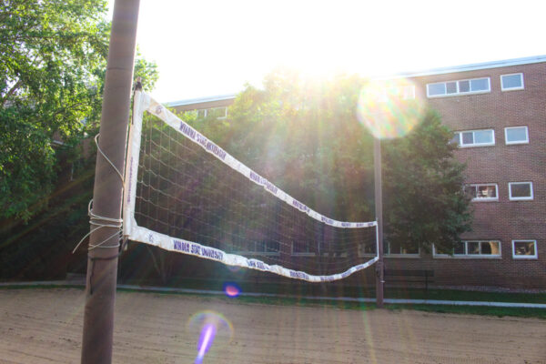 A view of the sand volleyball court outside a residence hall on the WSU campus.