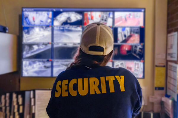 A student worker in a security uniform monitors security cameras from the WSU Security Office.
