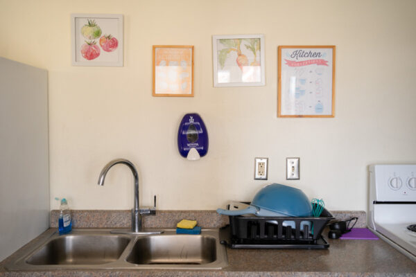 A sink and countertop in a kitchen in Sheehan Hall.