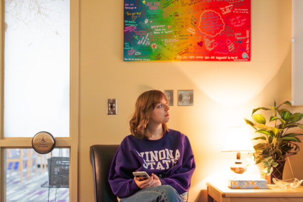 A student waits expectantly in a office on the WSU campus.
