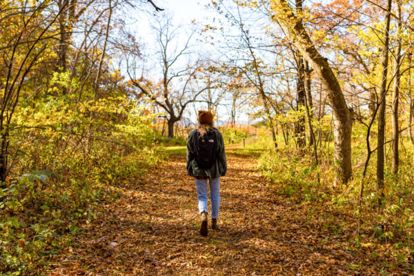 A student walks down a wooded trail in the fall.