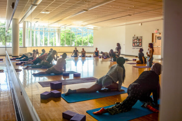 A group of students participate in a yoga class in the Fitness Studio on the WSU campus.