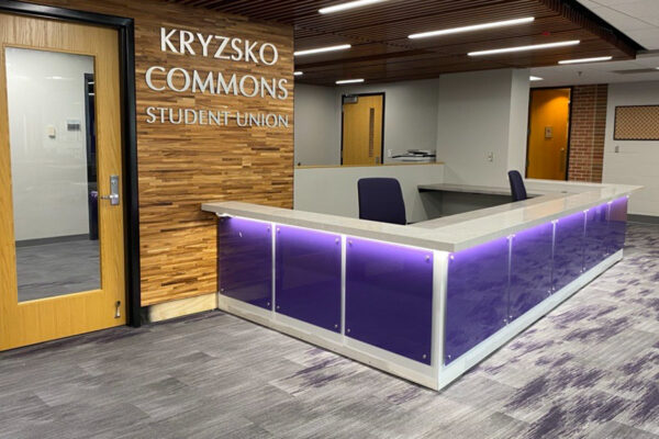 A purple desk in the lower level of Kryzsko Commons.