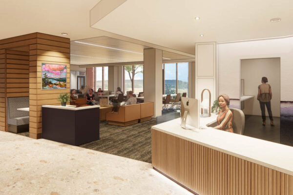 An architectural rendering of a front desk area in the Foundation Hall residence hall that is under construction at Winona State.