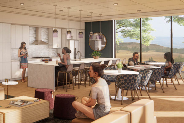 An architectural rendering of a kitchen area in the Foundation Hall residence hall that is under construction at Winona State.