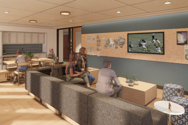 An architectural rendering of a lounge in the Foundation Hall residence hall that is under construction at Winona State.