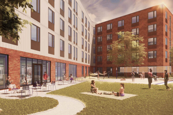 An architectural rendering of an outdoor area with a patio and volleyball court at the Foundation Hall residence hall that is under construction at Winona State.